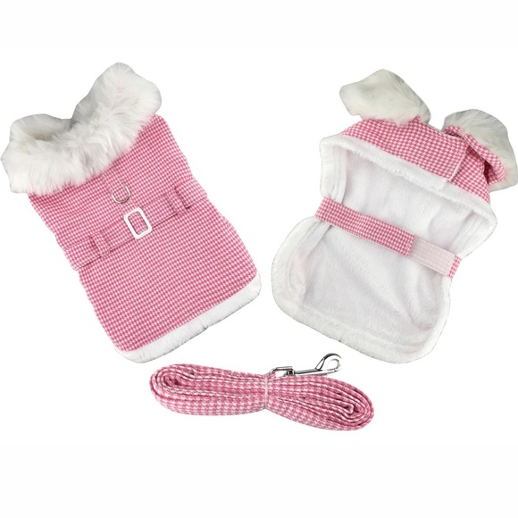 Doggie Design Other - Pink Houndstooth and White Fur Collar Harness Coat